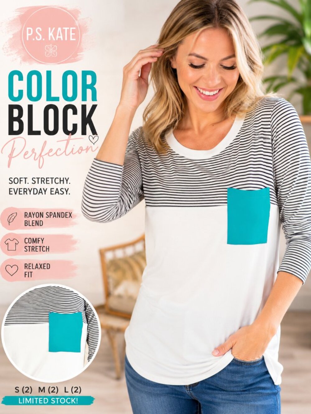 P.S. Kate Color Block Stripe Top | Teal Pocket | Rayon Spandex | Boutique NWOT